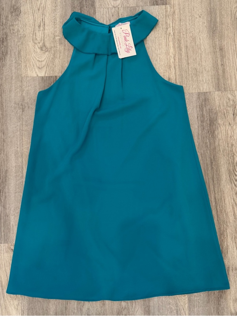 NWT Pink Lily Turquoise Shift Dress Ruffle Neck Small